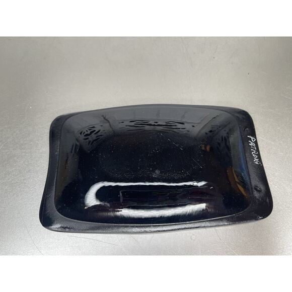 Art Glass Fused Black & Metallic Colorful Trinket Tray Dish Signed 6 X 3.5in - Picture 4 of 6